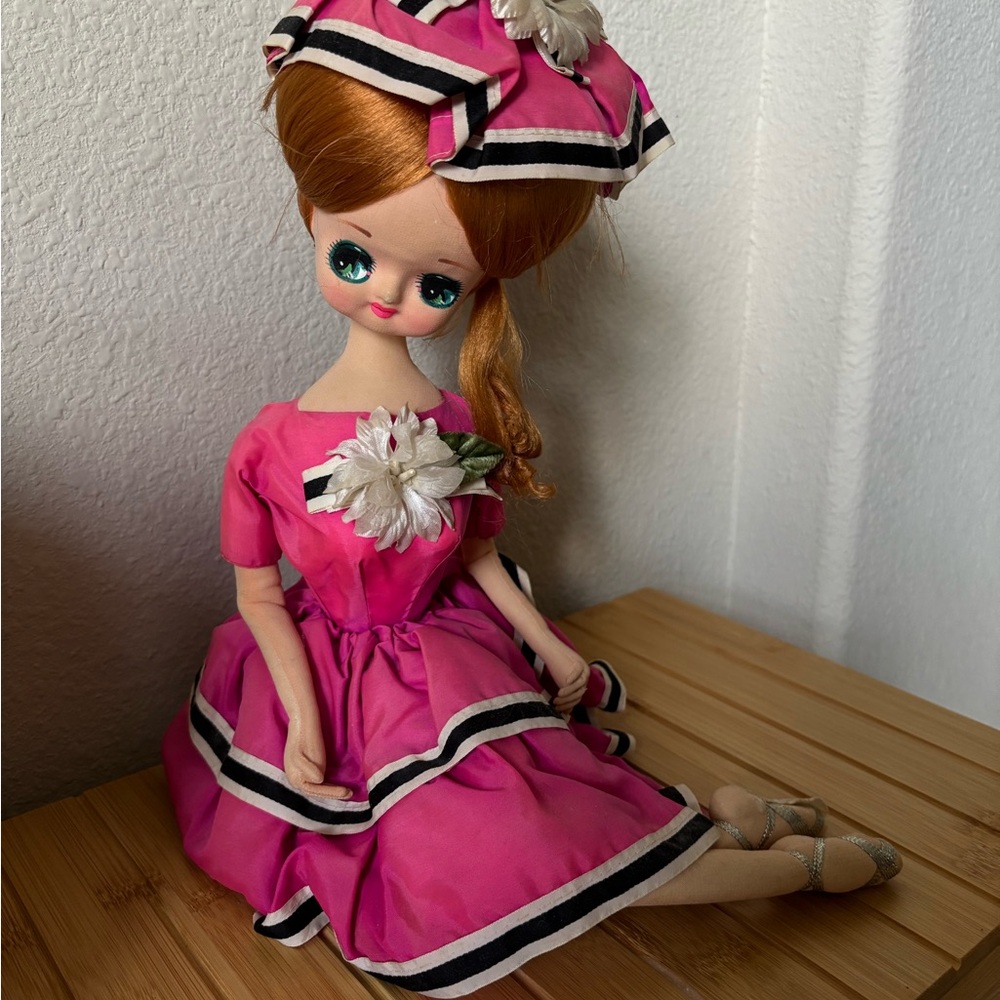 Vintage MCM 12” Stockinette Big Eye Doll in Sitting Position - Great Condition